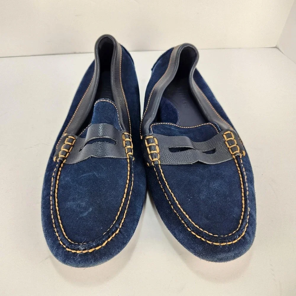 Cole Haan Men's 10M Navy Blue Suede Penny Loafers Moc Toe Contrast Stitch Slip O